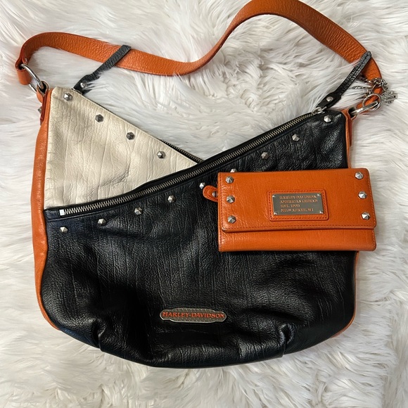 Harley-Davidson Handbags - Harley Davidson Orange Blk White Studded Double Zip Hobo Purse W/Charm & wallet